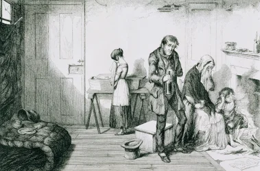 La bottiglia, Piatto V, Freddo, miseria e bisogno distruggono il loro figlio più giovane: si consolano con la bottiglia, 1847